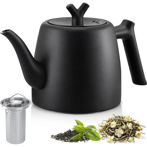 Théière: 2l Theiere Avec Infuseur Amovible, Théière Double Paroi En Acier Inoxydable Robuste Et Résistante Pour Thé Noir, Thé Aux Fruits, Vert, Thé Parfumé, Herbes (Noir) (1/5)