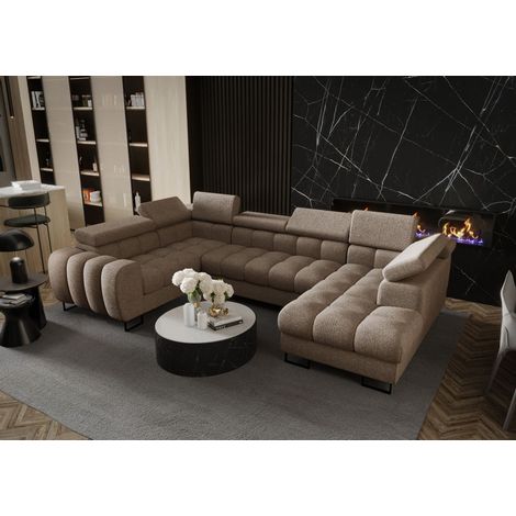 Wohnlandschaft Schlafsofa BASTIEN in Stoff Aragon Beige Ottomane Rechts