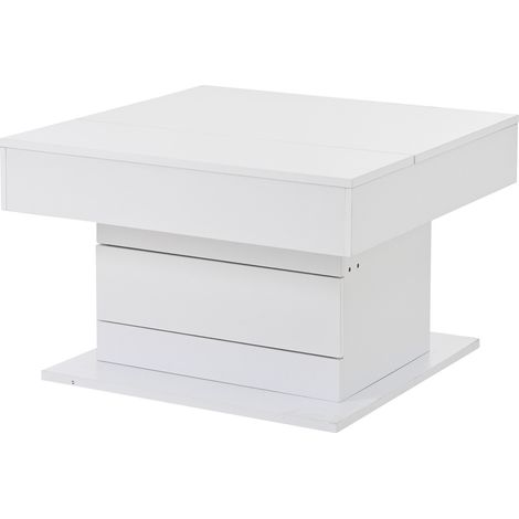 Table basse carrée blanche brillante 70x70x45 cm avec plateau relevable, tiroir et plateau pivotant 360° (1/5)
