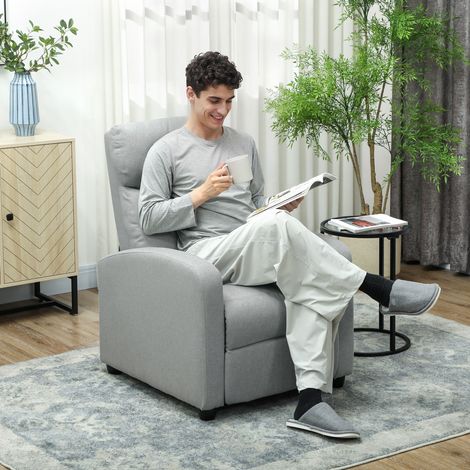 Fauteuil inclinable, réglable à 135°, repose-pieds extensible, dossier rembourré, mélange lin-polyester, gris clair (1/5)