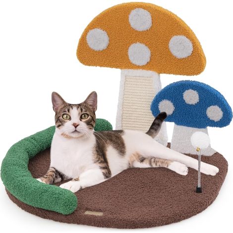 GOPLUS Arbre à Chat de Champignon avec Poteau en Sisal, Planche à Griffer & Balle à Ressort, Petit Arbre à Chat avec Condo & Plateforme Confortable pour Chaton (43cm) (1/5)