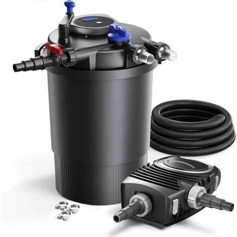 SunSun Komplettset: CPF-30000 Teichdruckfilter bis 12000 L mit 55 Watt UV-C Teichklärer, NEO12000 SuperECO Teichpumpe 12000l/h 100W, 10m Teichschlauch 38 mm (1 1/2"), Schlauchschellen W1 44-47mm (1/5)