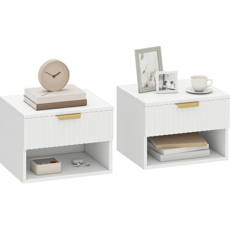 Lot de 2 tables de chevet suspendues, tables de nuit murales avec tiroir et niche, moderne, 40x34x29cm, blanc (1/5)