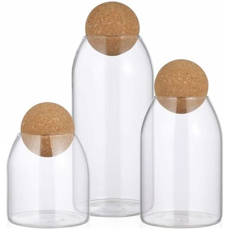 3 Pièces Bocaux en Verre avec Couvercles en Bois de Celite Hermétique Boule Transparente Bocal à Bonbons Bocal Mason Boîtes de Stockage de Nourriture pour Servir Thé Café Épices Sucre Sel Taille (1/2)