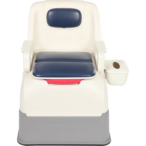 Chaise percée de chevet ultra-résistante (100 kg), bleue, chaise percée portable 3-en-1 pour personnes âgées et adultes, chaise rembourrée en PU, seaux et boîte à mouchoirs (1/5)