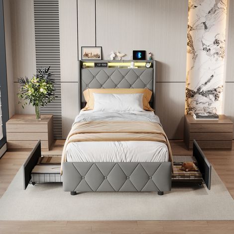 FOERPL-Gepolstertes Doppelbett 90x200 cm mit LED-Beleuchtung und USB-Anschlüssen, Stauraumbett mit 4 Schubladen und Lattenrost, gestepptes Bettgestell 90x200 cm mit Stauraum-Kopfteil 2-Personen-Bett