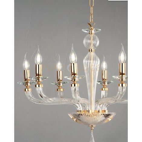 LAMPADARIO VILLA VETRO E METALLO 12 LUCI ORO E TRASPARENTE ATTACCO E14 D.85CM