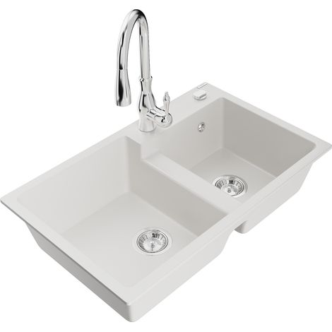 Mexen Tomas fregadero de granito de 2 compartimentos con grifo de cocina Savita, blanco - 6516-20-672601-00 (1/5)