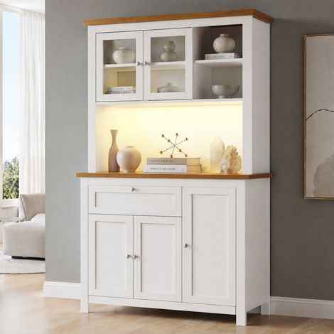 Credenza cucina 104 x 40 x 180 cm con LED, vetrine, ripiani regolabili, bianco DESVIAE (1/5)