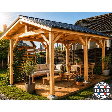 Carport bois Douglas français 21 m² double pente couverture acier laqué avec pieds fixes garantie 10 ans (1/5)