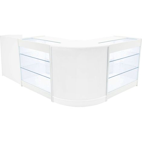 Set Mostradores Comerciales "ARIES"   Blanco CM60 + 2xK900 + TB60 MDF y vidrio templado  Estantes y puertas corredizas con cerradura  Fácil Montaje  Mostrador Recepción Expositor Comercial Mesa