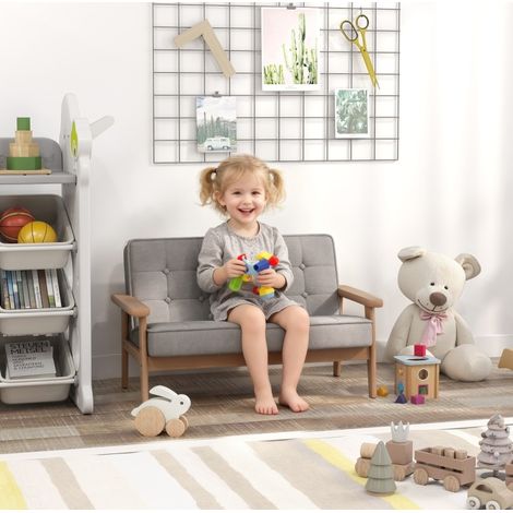 Divanetto per bambini a 2 posti, 77 x 42 x 48 cm, in legno e tessuto grigio HAVRYA (1/5)