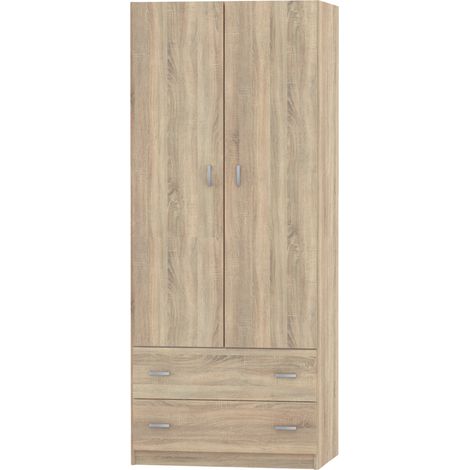 Armario ropero 2 puertas abatibles y 2 cajones Turin acabado roble, 180 cm(alto)74 cm(ancho)50 cm(fondo)