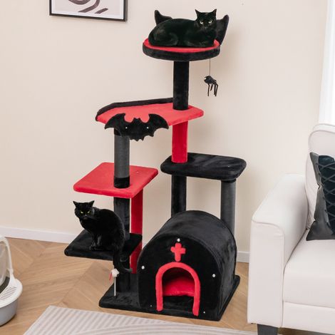 Arbre à Chat Gothique Tour à Chat de 134 cm de Haut avec Lit Centre d'Activités à 6 Niveaux Mobilier d'Halloween d'Intérieur Noir+Rouge (1/3)