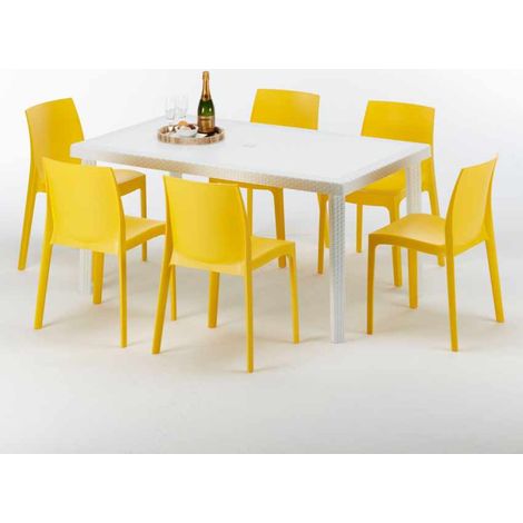 Weiß Rechteckig Tisch und 6 Stühle Farbiges Polypropylen-Außenmastenset Grand Soleil Rome Summerlife - Gelb