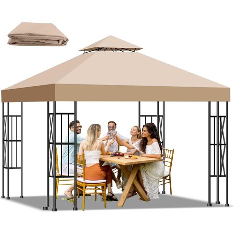 Toile de Toit Double Couche pour Tonnelle de Jardin 3x3 m – Pavillon Housse de Remplacement Imperméable, Anti-UV 95%, Respirante pour Jardin, Camping, Plage, Fêtes en Extérieur(Kaki) (1/5)