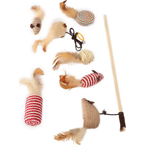 Assortiment de jouets interactifs en lin pour chatons, baguette à plumes avec souris, accessoires pour animaux de compagnie (1/5)