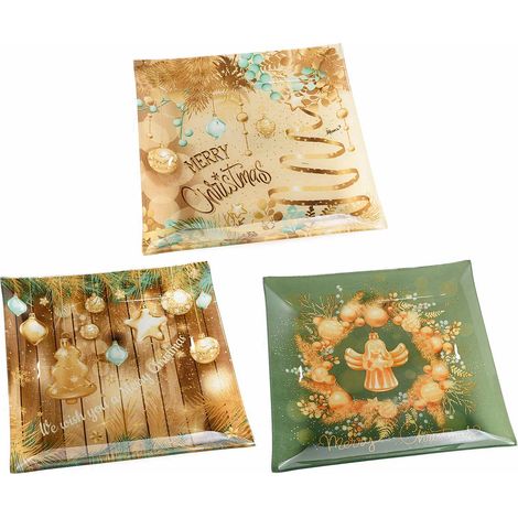 Piatti natalizi quadrati in vetro decorato, adatti al contatto diretto con alimenti, set da 3 pezzi, cm 25 x 25 H