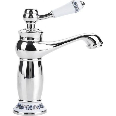 Mitigeur Lavabo Rétro Laiton Robinet Évier Céramique Porcelaine Bleu Blanc Long Cou Vintage Floral Eau Froide Chaude (1/4)