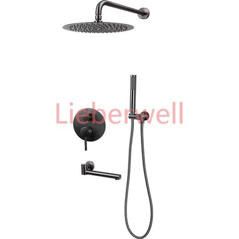 Système de douche mural de luxe noir rond avec douches complètes, douchette à main, mitigeur chaud/froid et douche pluie encastrée pour salle de bain (1/4)