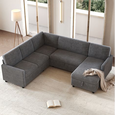 Divano letto angolare a U in velluto a coste grigio con chaise longue e vano contenitore OKWISH (1/5)