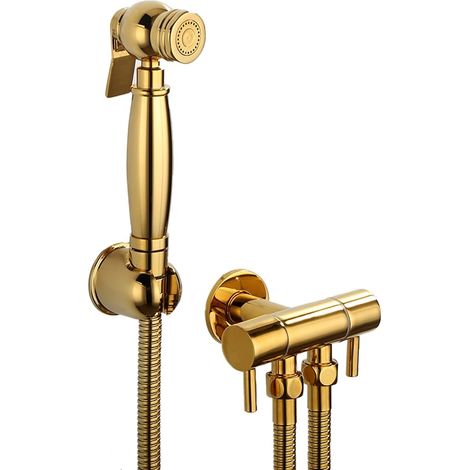 Kit completo per l'igiene del WC, doccetta bidet dorata con doppio manico, doccetta in ottone per acqua fredda con tubo flessibile e valvola G1/2", kit per l'igiene del WC, B, 1 M (1/5)