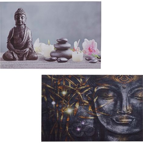 [NEUWERTIG] 2er-Set LED-Bild Leinwandbild Leuchtbild Wandbild 40x60cm, Timer Buddha + Kerzen