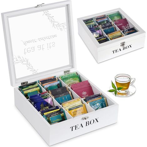Boîte à thé blanche en bois avec 9 compartiments de séparation - Boîte de rangement pour sachets de thé, sucre, capsules de café, boîte de conservation avec couvercle en verre (1/5)