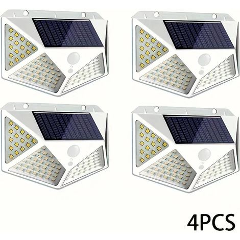 (4 LED blanches de 100 unités) 1 applique solaire murale extérieure avec détecteur de mouvement PIR, étanche, compatible avec les escaliers, les cours, les jardins et la décoration de rue. (1/5)