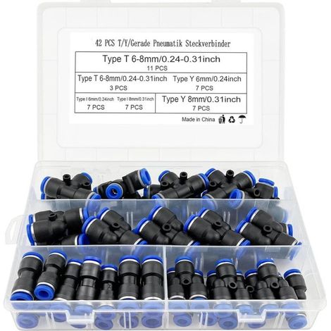 42 raccords pneumatiques T/Y/I, raccord rapide droit, air comprimé 6 mm/8 mm, raccordement compresseur avec coffret (1/3)