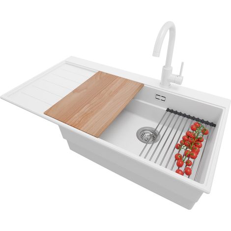 PRIMAGRAN Evier Cuisine en Granit 90x50cm,Lavabo 1 bac + Robinet 32x20cm + Kit de Vidage + Accessoires, Évier à Encastrer au meuble 60cm - Sydney, Blanc (1/5)