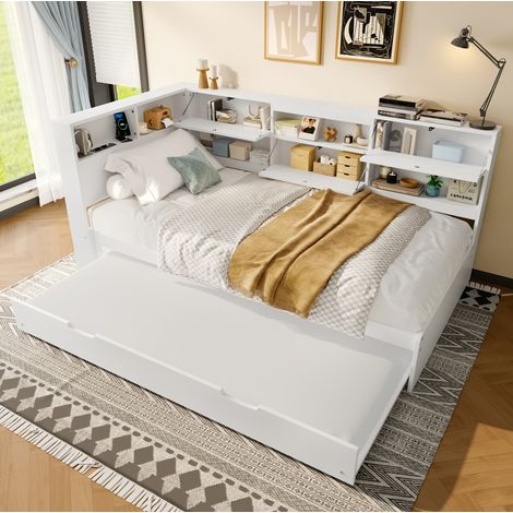 Lit adulte 90x200 rangement tete de lit bois blanc HAVRYA (1/5)