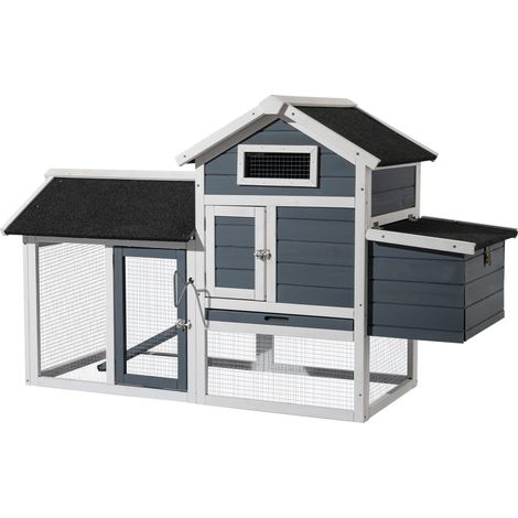 Wiltec Hühnerstall 1520 x 520 x 920 mm grau weiß mit Freilauf und Nistkasten aus Tannenholz, Hühnerhaus mit Unterschlupf, Gitter und Kotwanne verzinkt (1/5)