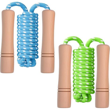 Corde à Sauter Enfant - Poignées en Bois - Corde Tressée en Coton avec Âme en Caoutchouc - Réglable en Longueur - Pour Enfants de 4 à 8 Ans - 1 Pièce (1/5)