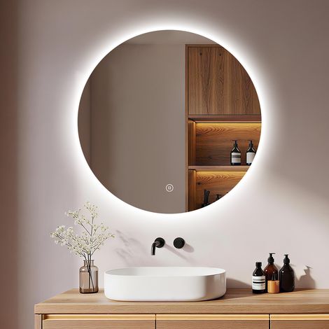 Miroir salle de bain LED rond 60 cm, tactile, intensité réglable, lumière 6500K