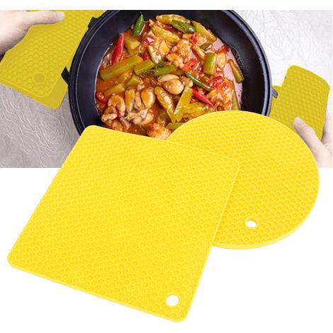 Tapis de silicone hexagonal 5 PCS (2 rond 3 carré) - Tapis multi-usages pour plats chauds, tables et cuisine, qualité alimentaire, résistant à la chaleur (-40 à 230°C), antidérapant, jaune (1/5)