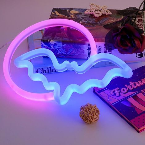 Enseigne lumineuse néon Halloween Lune et Chauve-souris, LED, alimentée par batterie USB, pour décoration murale chambre, bar, fête, cadeau pour enfants (1/5)