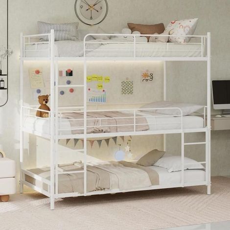 Lit superposé triple - KOMHTOM - 90x190 cm - Métal blanc - 3 places - Sommier à lattes inclus (1/5)