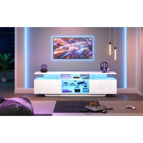 Mueble para TV MDF blanco 160 x 40 x 45 cm con LED por app, 2 armarios, 8 estantes y vidrio templado (1/5)