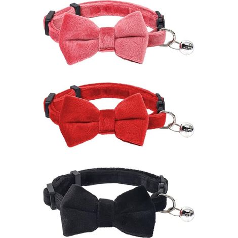 3 Pièces Colliers en Velours pour Chat, Réglables avec Clochette et Nœud Papillon Sécurité Libération Rapide pour la Photographie, Le Mariage, Voyage, Occasions Festives(3 Couleur) (1/5)