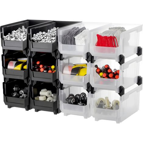 VEVOR Cajas Apilables de Almacenamiento Abiertas, 377 x 215 x 180 mm, para Organizar y Guardar Piezas Pequeñas, Material de Oficina y Otros Accesorios, en Negro y Transparente, Paquete de 12 (1/5)