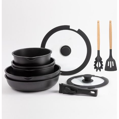 Batterie de cuisine avec poignée amovible 2 poêles, 2 casseroles, 1 sauteuse, 2 couvercles et 2 ustensiles - En fonte d'aluminium - Revêtement antiadhésif marbre noir (1/5)