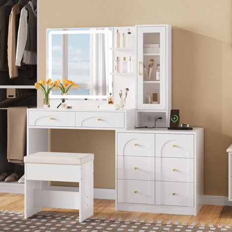 Grande coiffeuse avec miroir LED,8 tiroirs et tabouret assorti. 2 étagères et meuble vitré,grand rangement pour chambre 131,5x40x140 cm blanc.