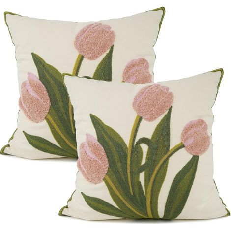 Taie D Oreiller - 45 x 45 cm - Coton 280 g/m² - Brodée Motif Floral - Usage Lit Canapé Fauteuil - 2 Pièces (1/5)