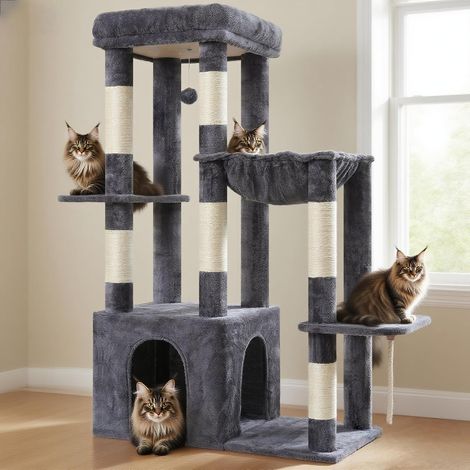 Arbre à Chat 120cm - Grande Tour pour Chats Adultes avec Base Extra Large, Maison à Chat à Niveaux Multiples avec Meubles en Peluche, Griffoir, Hamac et Jouet à Balle, Gris Fumée HCT026G (1/5)