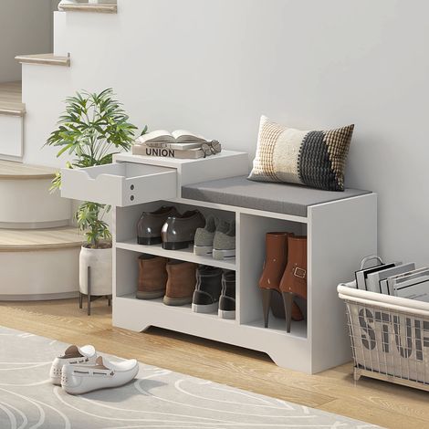 Schuhschrank und Sitzbank mit 1 Schublade und 3 Fächern, Kapazität für 5 Paar Schuhe, MDF, 76,5 cm (L) x 30 cm (T) x 52 cm (H)