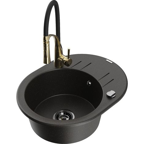Mexen Kevin lavello in granito a 1 vasca con scolapiatti e rubinetto da cucina Aster, nero/oro metallizzato - 6517-75-73450-57-B (1/5)
