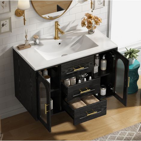 Meuble vasque suspendu 76x46x55 cm avec LED, 2 tiroirs et étagères réglables, MDF effet bois et verre - noir (1/5)