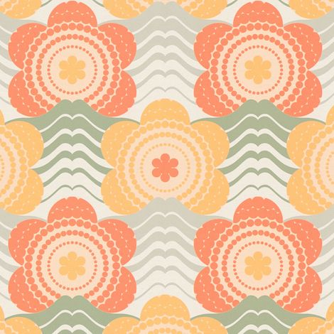 Retro Tapete Profhome 395394 heißgeprägte Vliestapete leicht strukturiert mit Blumen-Muster matt orange moos-grau ocker-gelb oliv-grün 4,5 m2