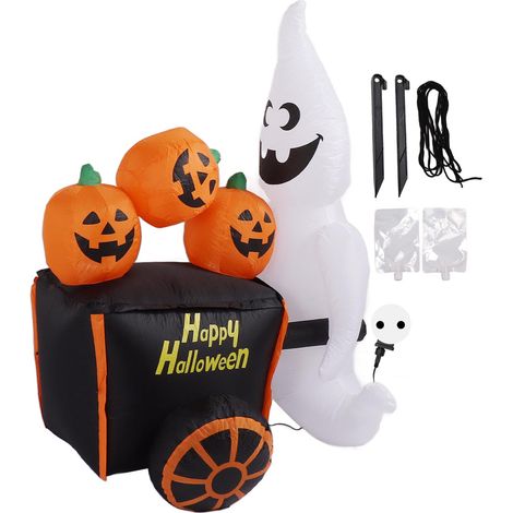Décoration gonflable d'Halloween : fantôme de 1,8 m poussant un chariot citrouille, IP44, avec souffleur et lumières LED, prise UE 220-240 V. (1/5)